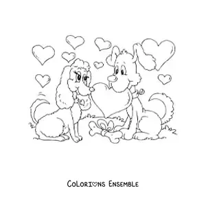 Image à colorier de deux chiens amoureux à la Saint-Valentin
