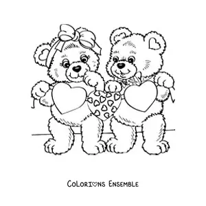 Image à colorier de deux ours avec des cœurs de la Saint-Valentin