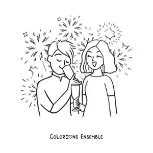 Image à colorier d'un homme et d'une femme qui trinquent au Nouvel An, avec des feux d'artifice en fond