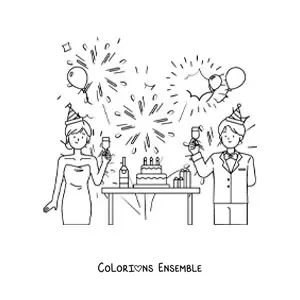Image à colorier d'un homme et d'une femme qui trinquent au Nouvel An, avec un gâteau