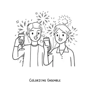 Image à colorier de deux garçons qui fêtent le Nouvel An