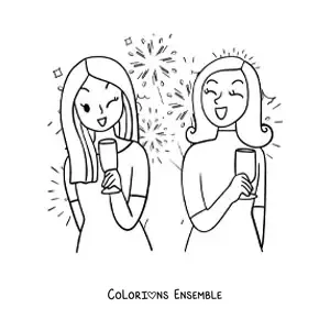 Image à colorier de deux filles qui fêtent le Nouvel An
