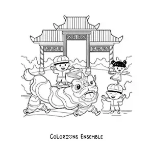 Image à colorier de trois enfants qui fêtent le Nouvel An chinois