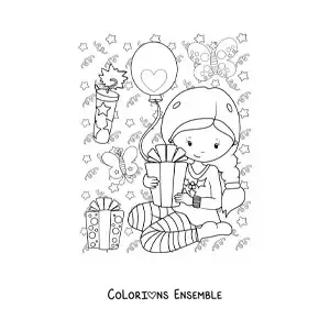 Image à colorier d'une fille avec un cadeau du Nouvel An