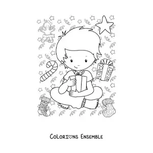 Image à colorier d'un garçon avec un cadeau du Nouvel An