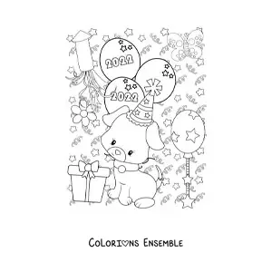 Image à colorier d'un chien animé avec des ballons du Nouvel An