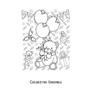 Image à colorier d'un ours animé avec des ballons du Nouvel An