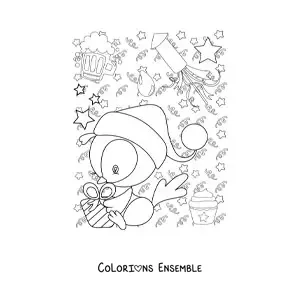 Image à colorier d'un pingouin animé avec un cadeau du Nouvel An