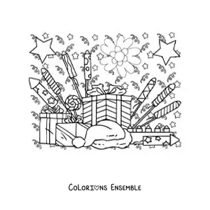 Image à colorier de plusieurs cadeaux et de feux d'artifice du Nouvel An
