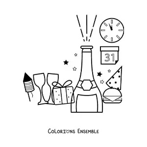 Image à colorier d'un cadeau, d'une bouteille et de verres du Nouvel An