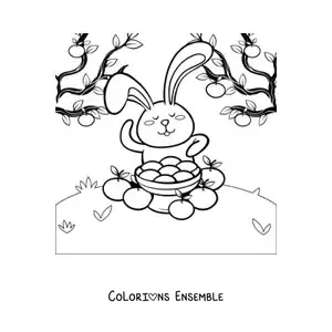 Image à colorier d'un lapin avec des oranges qui fête le Chuseok