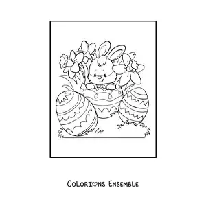 Image à colorier d'un lapin kawaii avec trois œufs de Pâques et des fleurs