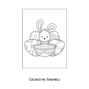 Image à colorier d'un lapin kawaii au milieu de plusieurs œufs de Pâques