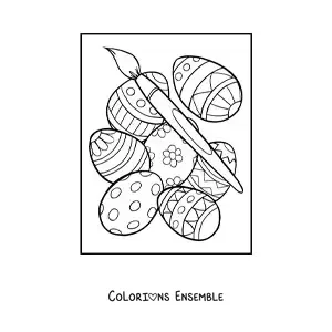 Image à colorier de plusieurs œufs de Pâques et d'un pinceau