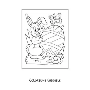 Image à colorier d'un lapin animé avec un œuf de Pâques et un papillon