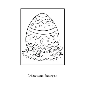 Image à colorier d'un œuf de Pâques posé sur l'herbe avec des fleurs