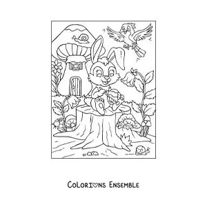 Image à colorier d'un lapin animé qui peint un œuf de Pâques
