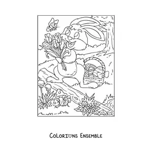 Image à colorier d'un lapin de Pâques avec un bouquet de fleurs