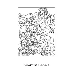 Image à colorier d'un lapin animé avec un panier d'œufs de Pâques