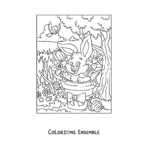 Image à colorier du lapin de Pâques dans le jardin