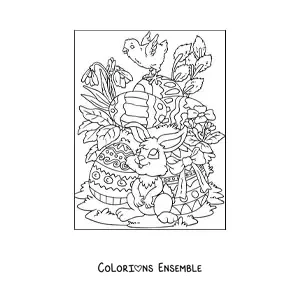 Image à colorier du lapin de Pâques avec des œufs et un poussin