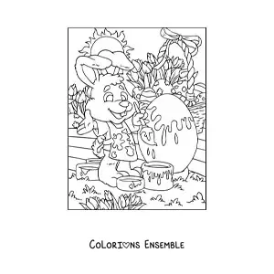 Image à colorier du lapin de Pâques qui peint un œuf