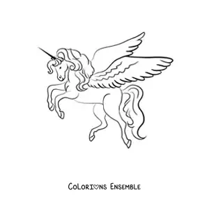 Image à colorier d’une licorne avec des ailes dressée sur deux pattes