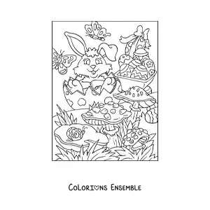 Image à colorier d'un lapin avec un panier d'œufs de Pâques dans le jardin