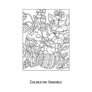 Image à colorier d'un lapin avec un pinceau et des œufs de Pâques dans le jardin