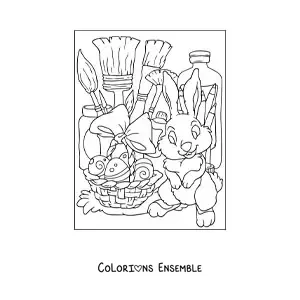 Image à colorier d'un lapin de Pâques et de matériel d'art