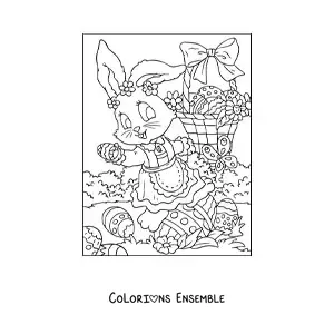 Image à colorier d'une lapine de Pâques qui distribue des œufs