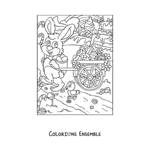 Image à colorier d'un lapin avec une brouette remplie d'œufs de Pâques
