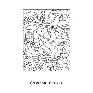 Image à colorier du lapin de Pâques avec un chapeau qui peint des œufs