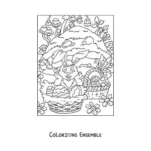 Image à colorier d'un lapin animé avec plusieurs paniers d'œufs de Pâques