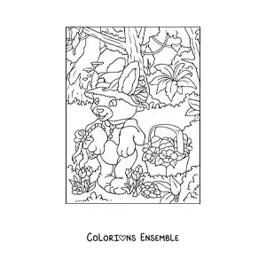 Image à colorier du lapin de Pâques avec un chapeau et un panier d'œufs