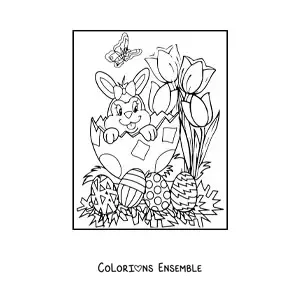 Image à colorier d'une lapine animée dans un œuf de Pâques avec des fleurs