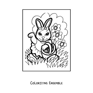 Image à colorier d'une lapine animée avec des œufs de Pâques et des fleurs