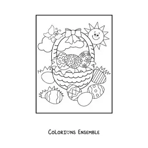 Image à colorier d'un panier d'œufs de Pâques avec un papillon et un soleil joyeux