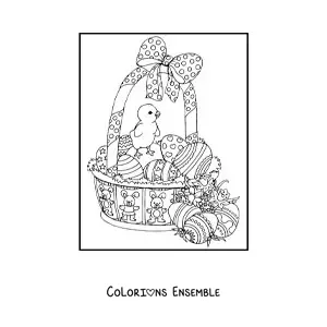 Image à colorier d'un panier d'œufs de Pâques avec un poussin et des fleurs
