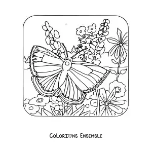 Image à colorier d'un papillon qui se pose parmi des fleurs