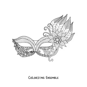 Image à colorier d'un loup de carnaval orné de plumes