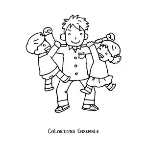 Image à colorier d'un papa qui joue avec ses deux enfants