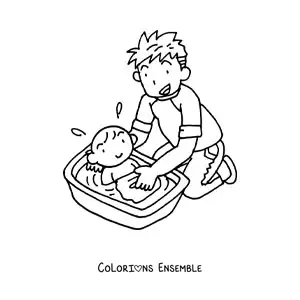Image à colorier d'un papa qui donne le bain à son enfant