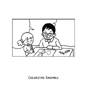 Image à colorier d'un papa qui colorie avec sa fille