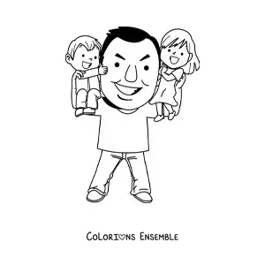 Image à colorier d'un papa qui porte ses enfants dans ses bras