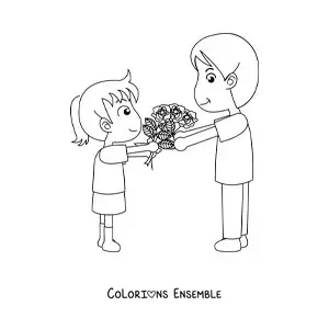 Image à colorier d'une fille avec un cadeau de la fête des Pères