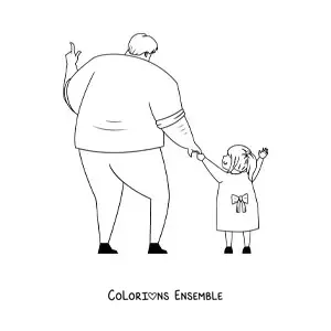 Image à colorier d'un papa main dans la main avec sa fille