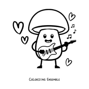 Image à colorier d'un champignon kawaii de dessin animé qui joue de la guitare