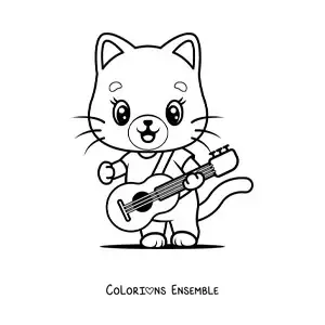Image à colorier d'un chat kawaii de dessin animé qui joue de la guitare
