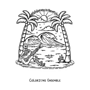 Image à colorier d'un squelette humain de dessin animé qui joue de la guitare assis à la plage